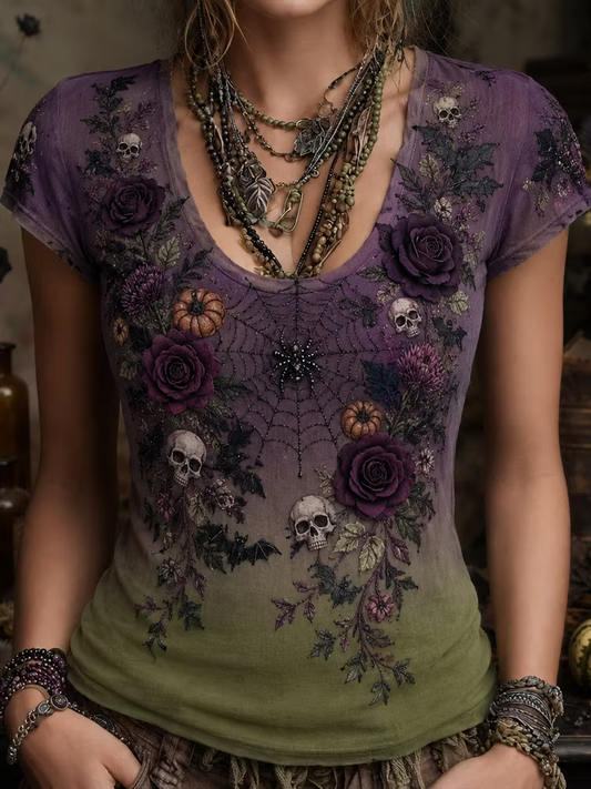Women's Halloween Gothic Ombre Skull, Spiderweb & Rose Short-sleeve Top