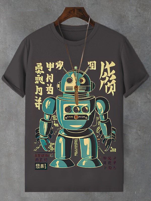 Men's Retro Robot Japanese Art Print Cotton Casual T-Shirt