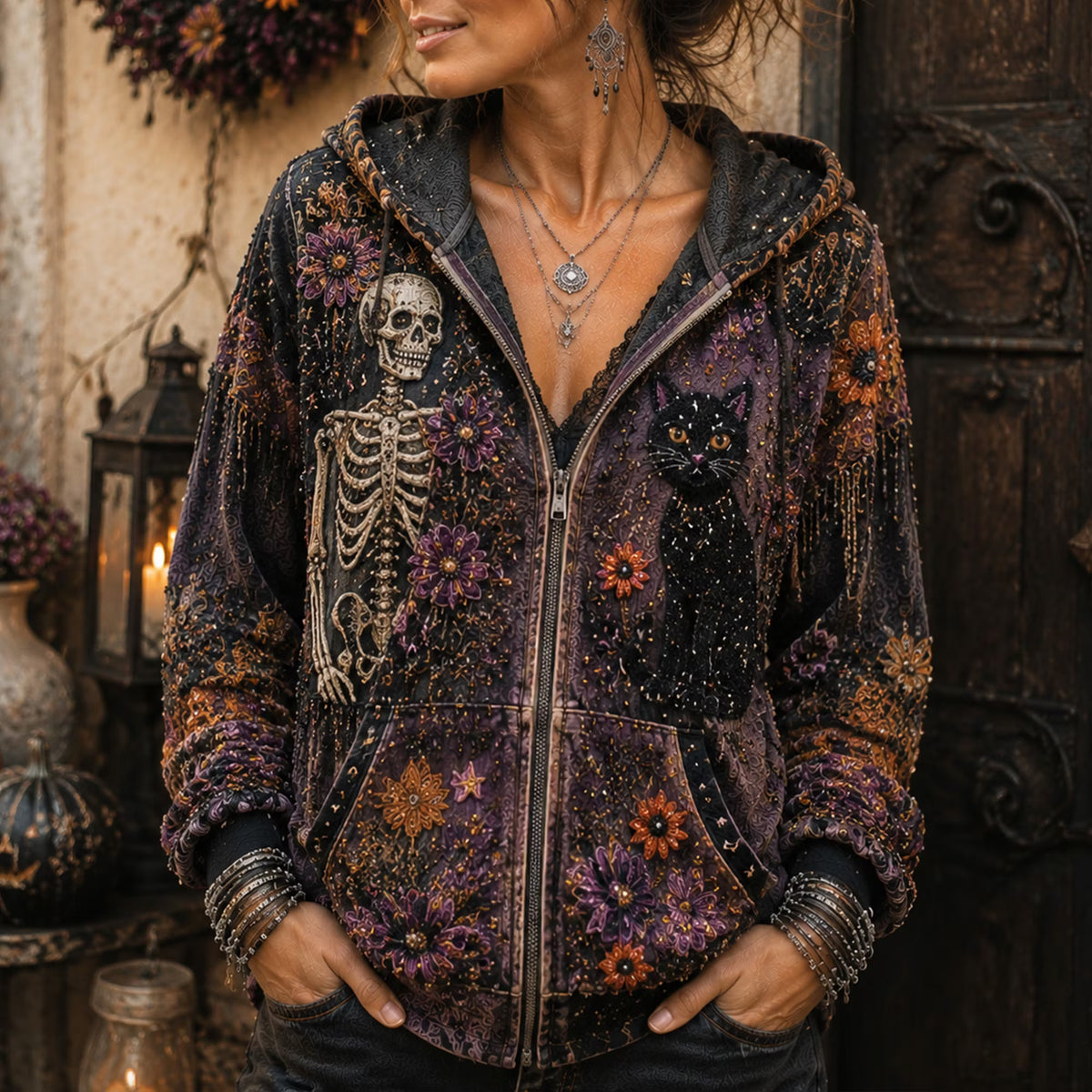 Women's Gothic Halloween Boho Skeleton Black Cat Floral Embroidery Zip Hoodie