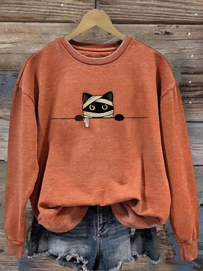 Women's Funny Mummy Cat Pattern Casual Halloween Sweatshirt