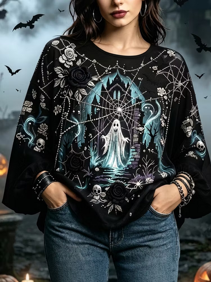 Women's Black Long-sleeved Blouse Decorated With Gothic Ghost, Castle, Spider Web And Rose Patterns.