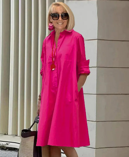 Spring-Summer New Type Fashion Temperament Shirt Collar Long Sleeve Pocket Mid-Length Dress