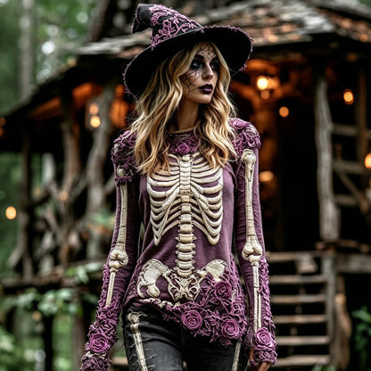 Women's Halloween Rose Floral Skull Crew Neck T-shirt