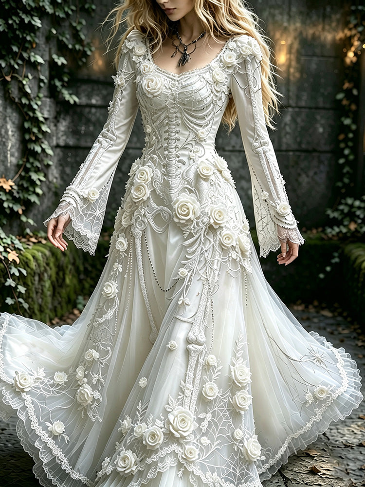Women's Halloween Gothic Skeleton & Floral Long-sleeve Maxi Dress