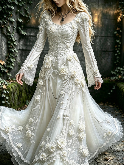 Women's Halloween Gothic Skeleton & Floral Long-sleeve Maxi Dress