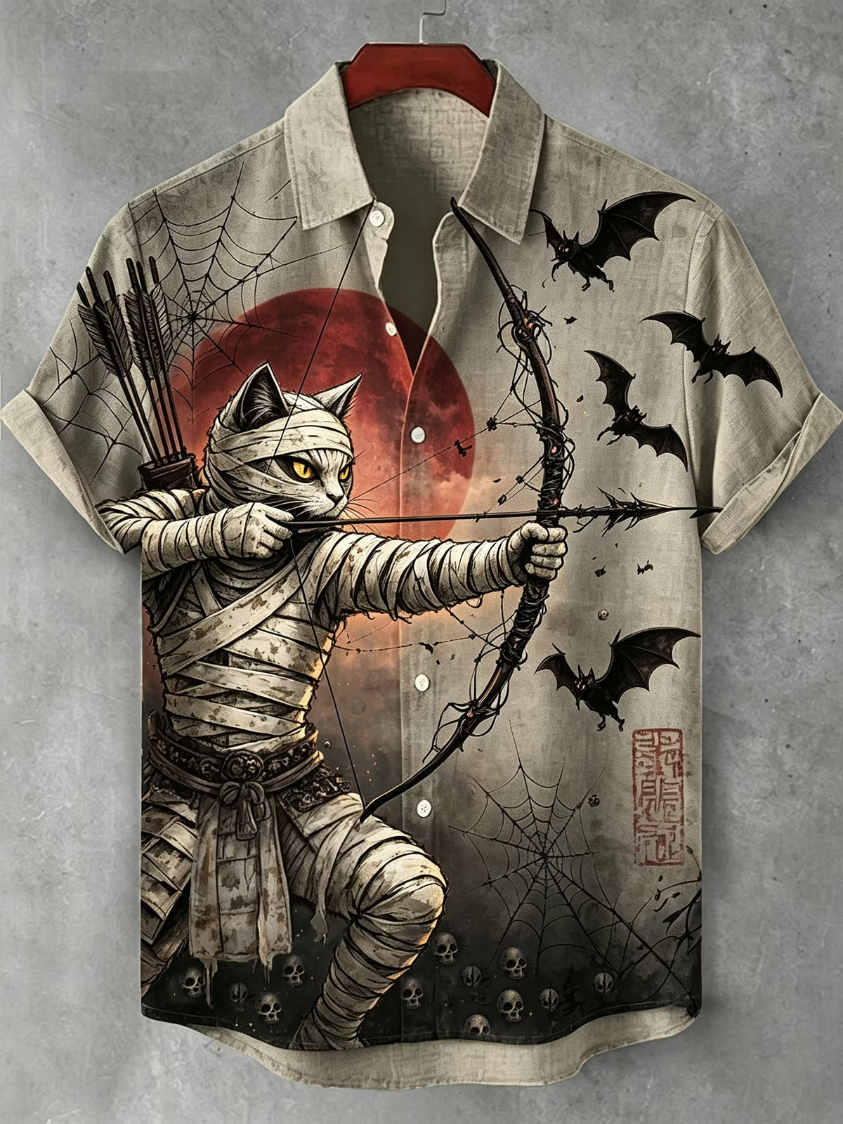 Men's Halloween Mummy Cat Samurai Japanese Archery Art Short Sleeve Shirt