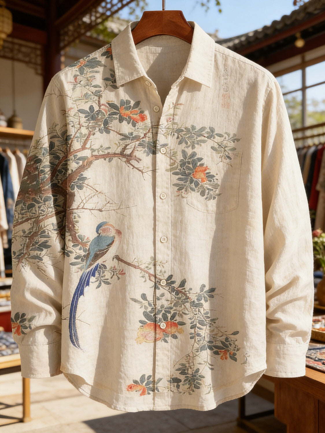 Men's Vintage Tree Bird Art Painting Print Long Sleeve Shirt