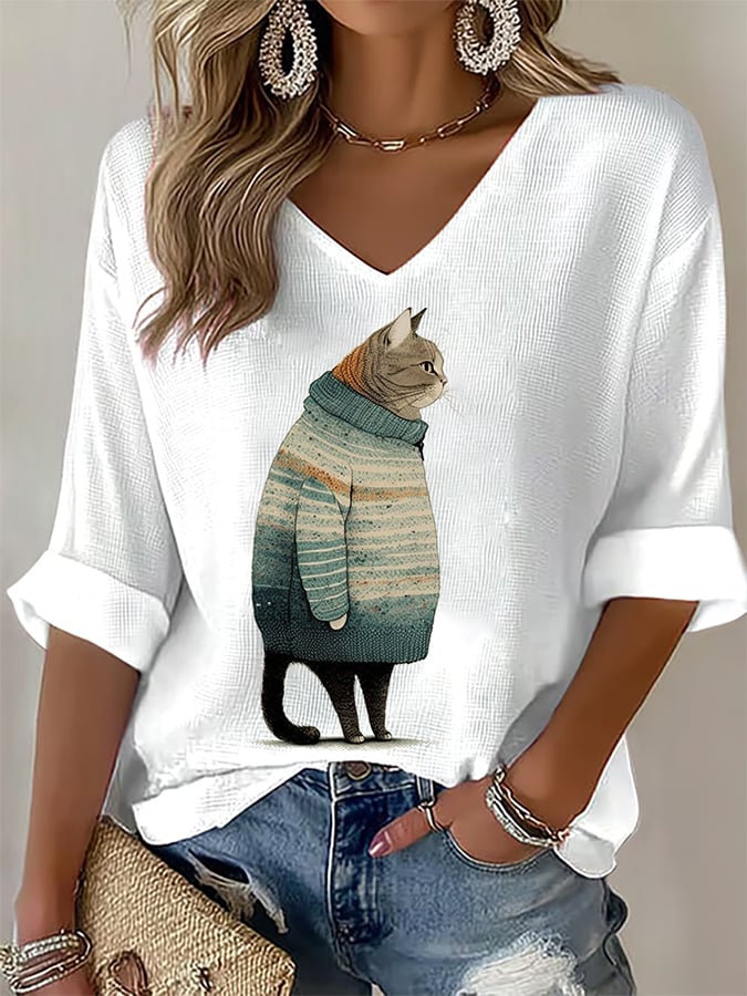 Women's Animal Cat Art Print T-Shirt