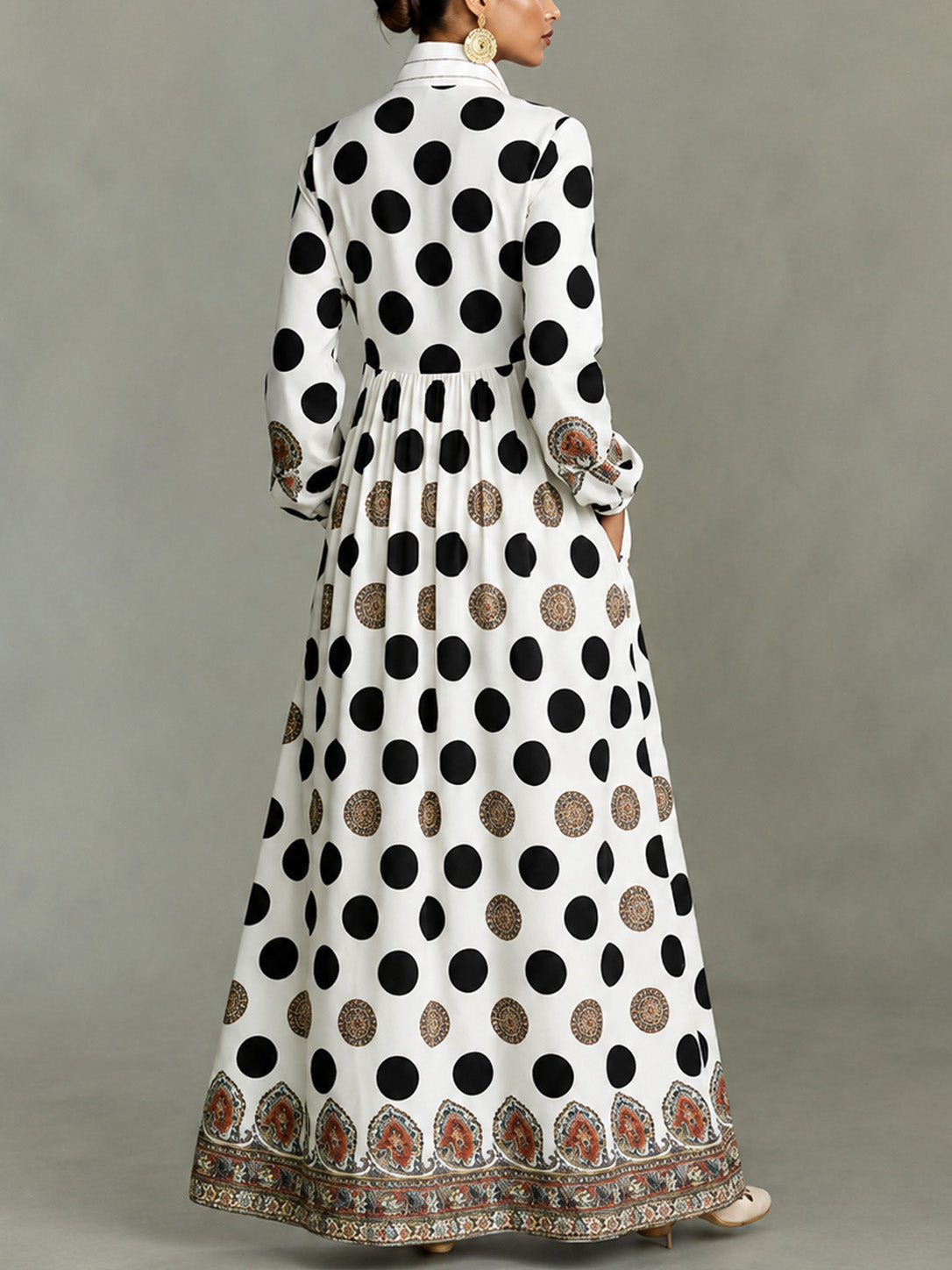 Classic Totem & Polka Dot Color-block Dress With Lapel, Cinched Waist, And Flared Skirt