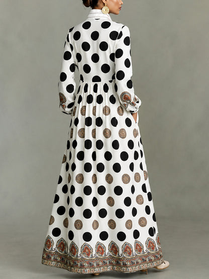 Classic Totem & Polka Dot Color-block Dress With Lapel, Cinched Waist, And Flared Skirt