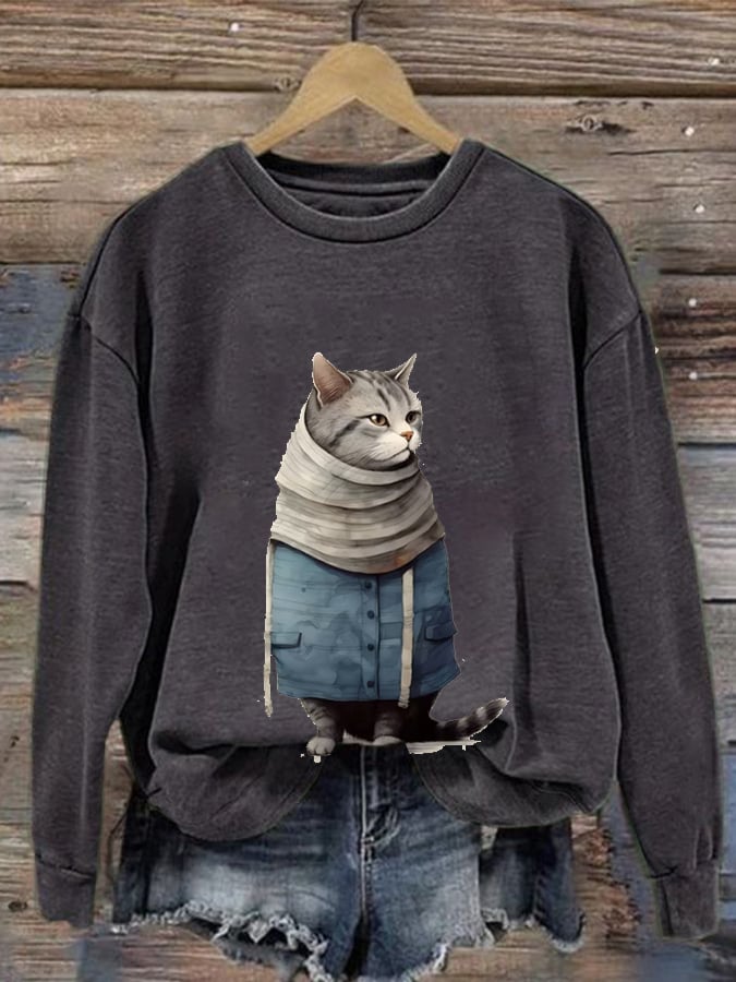 Women'S Winter Art Cat Print Crew Neck Casual Sweatshirt