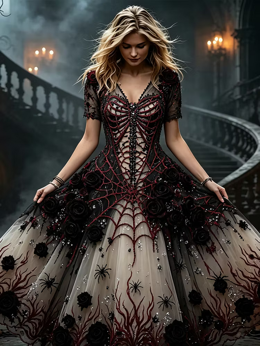 Women's  Gothic-style Short-sleeved Long Dress, Decorated With Spider Webs, Roses And Spider Patterns.