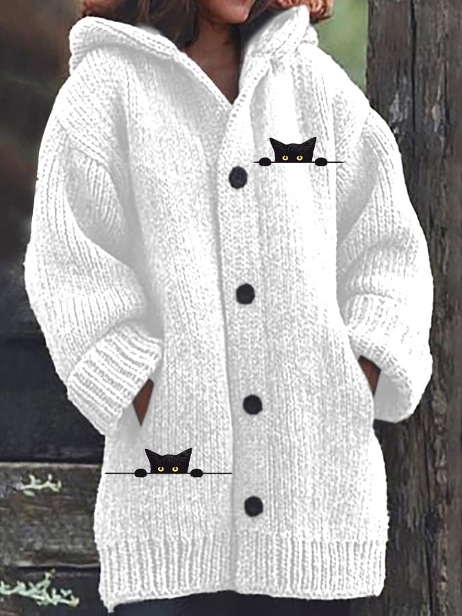 Women's Casual Cat Print Knitted Fabric Plush Jacket