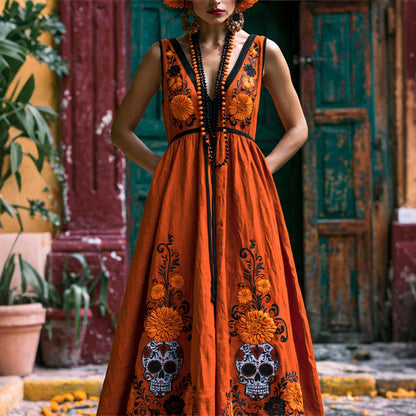 Women's Retro Floral Skull Design V-neck Cotton Linen Dress