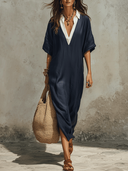 Relaxed Bohemian Deep-V Navy Maxi Dress