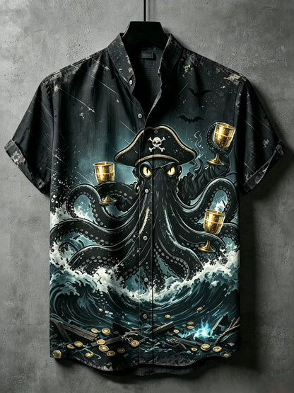 Men's Halloween Octopus Dark Pirate Drinking Art Short Sleeve Shirt