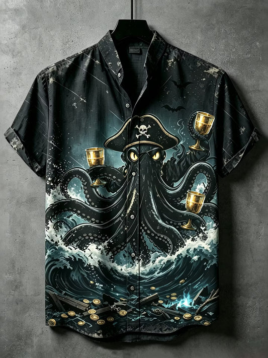 Men's Halloween Octopus Dark Pirate Drinking Art Short Sleeve Shirt