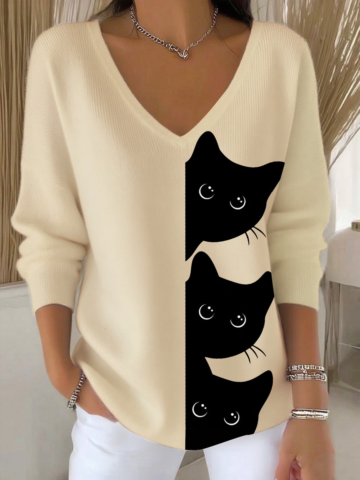 Women's Autumn Cute Three Little Black Cats Printed Casual Top