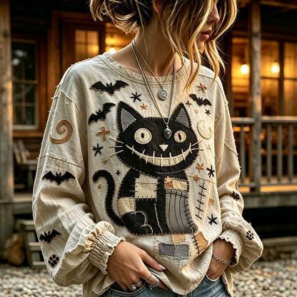 Women's Halloween Long-sleeved Top, Decorated With Spooky Black Cat, Bat And Star Patterns.