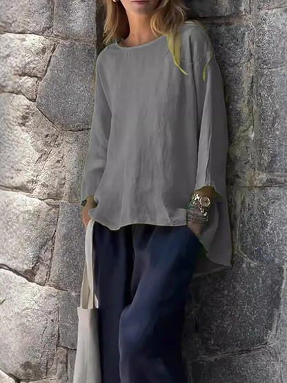 Women Solid color cotton and linen long sleeve shirt