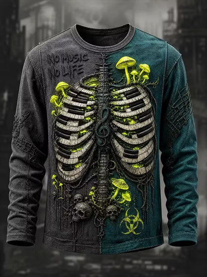Men's Retro Halloween Human And Mushroom Pattern Casual Long-sleeve T-shirt