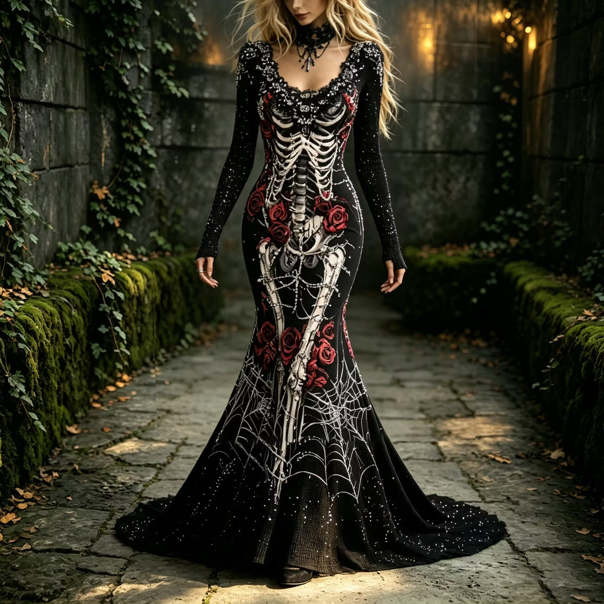 Women's Halloween Retro Skull And Floral Design Round Neck Long Sleeve Dress