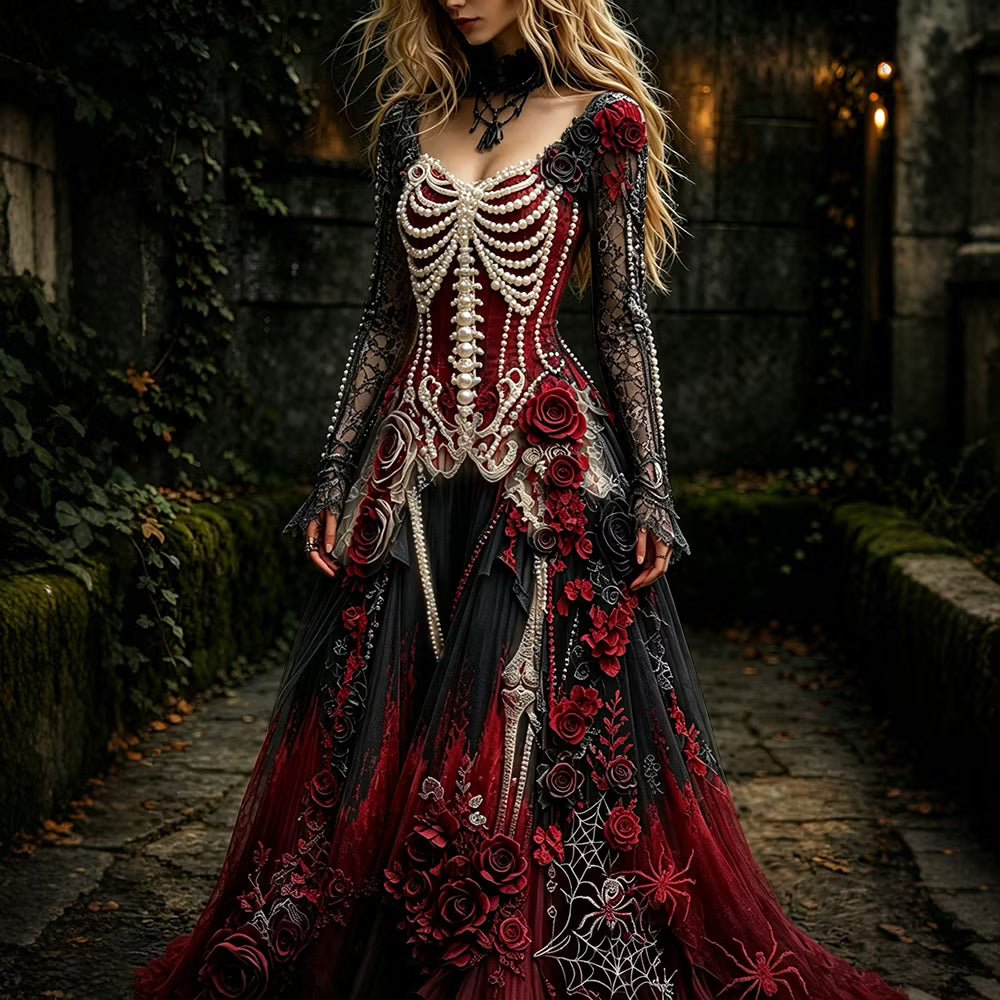 Women's Retro Gothic Skeleton And Rose Pattern Maxi Halloween Dress