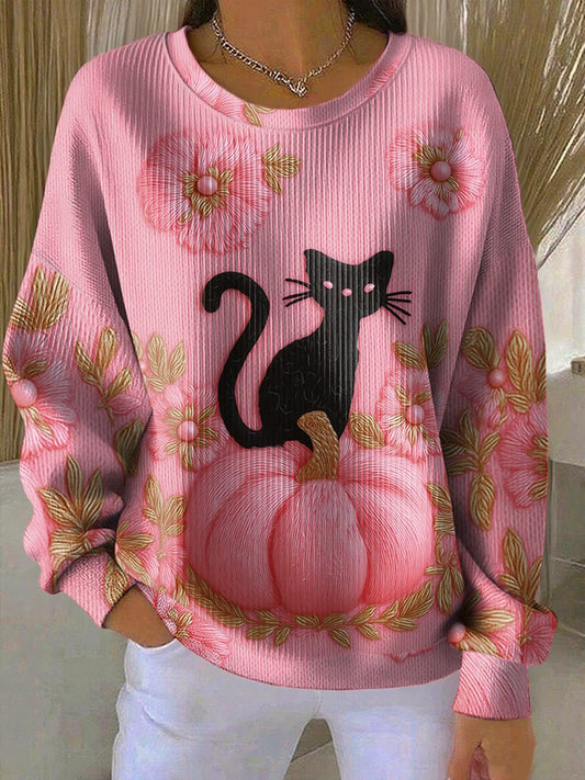 Women's Casual Cat Pumpkin Floral Print Long Sleeve Knit Top
