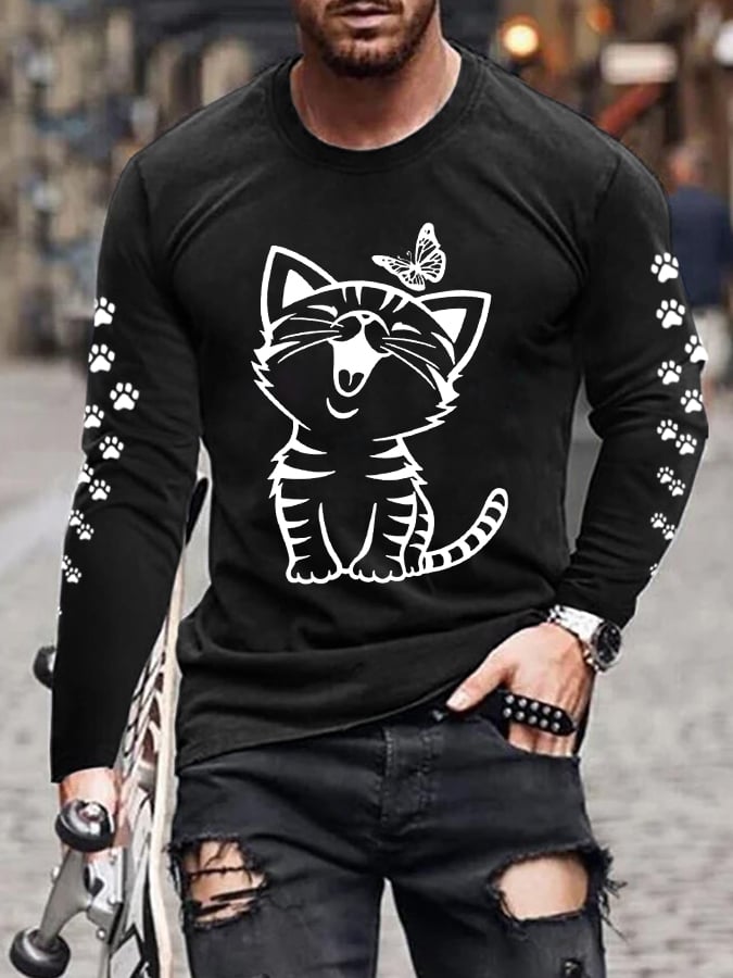 Men'S Cat Print Casual Long-Sleeved T-Shirt
