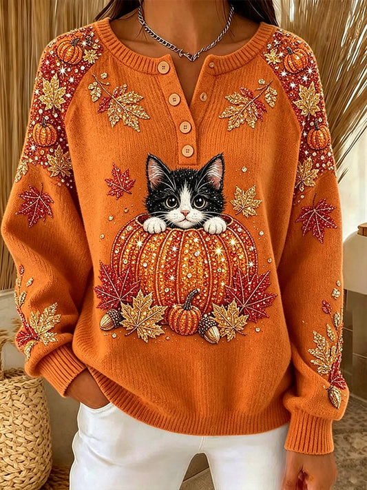 Women's Casual Print Button-Up Collar Knit Top