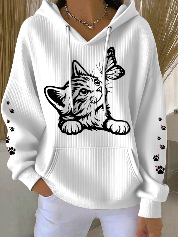 Women'S Cute Cat print Casual Hoodie Sweatshirt