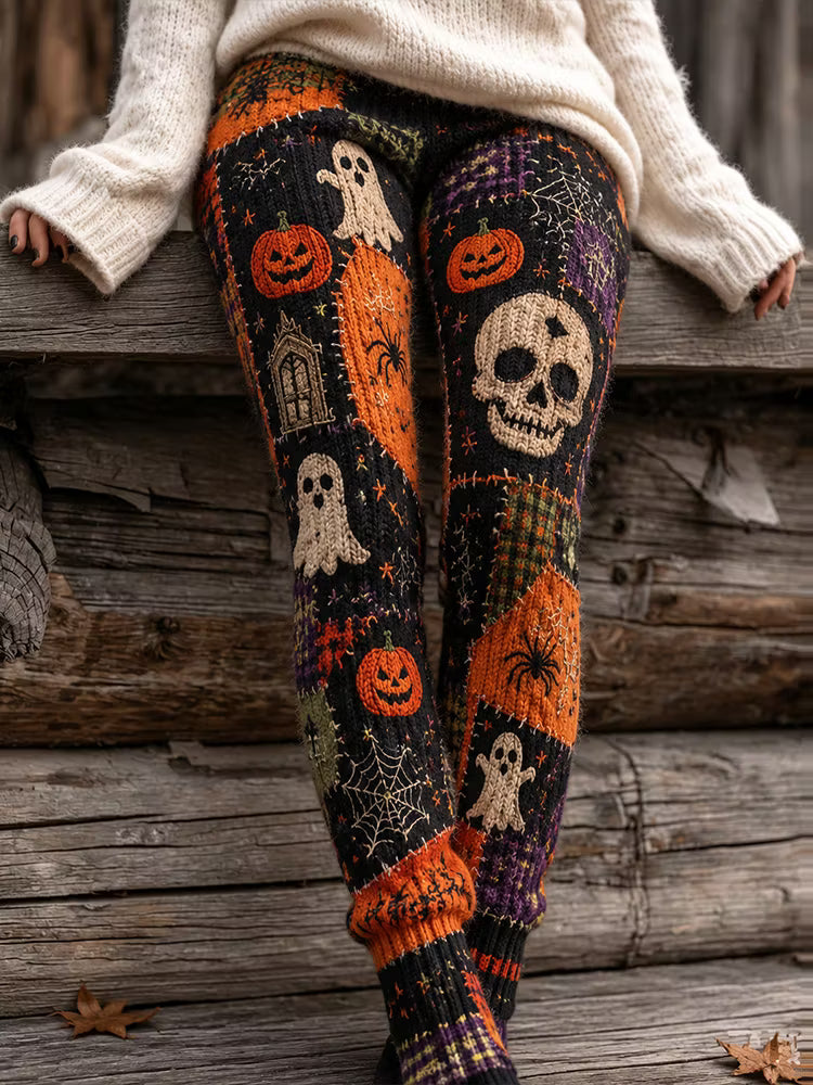 Women's Halloween Ghost And Pumpkin Art Casual Knitted Leggings