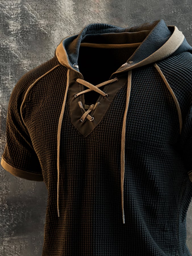 Men's Retro Color-Block Waffle-Knit Lace-Up Short-Sleeve Hoodie