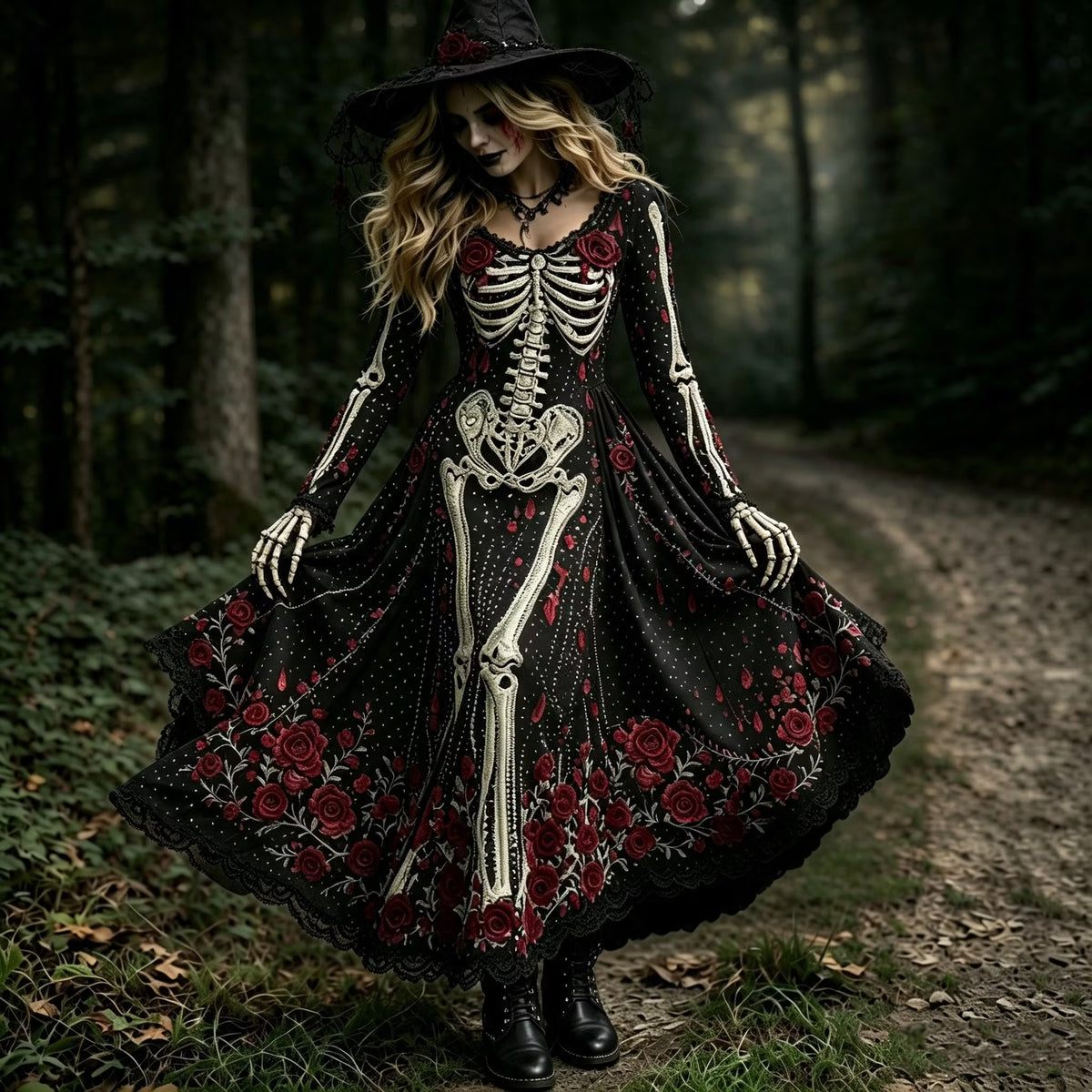 Women's Retro Halloween Style Skull, Rose, And Spiderweb Print Dress