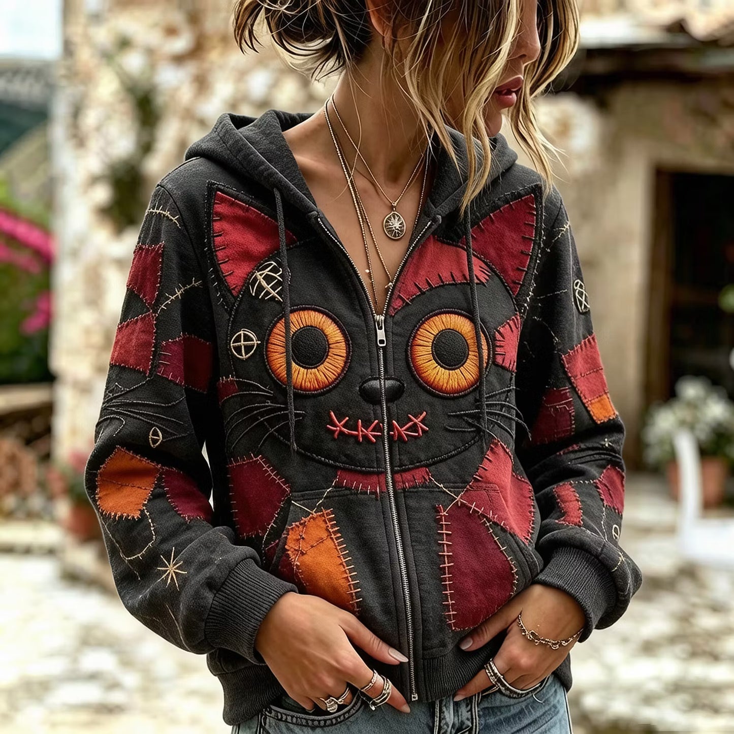 Women's Halloween Gothic Vintage Stitched Cat Monster Patchwork Art Comfy Zipper Hoodie