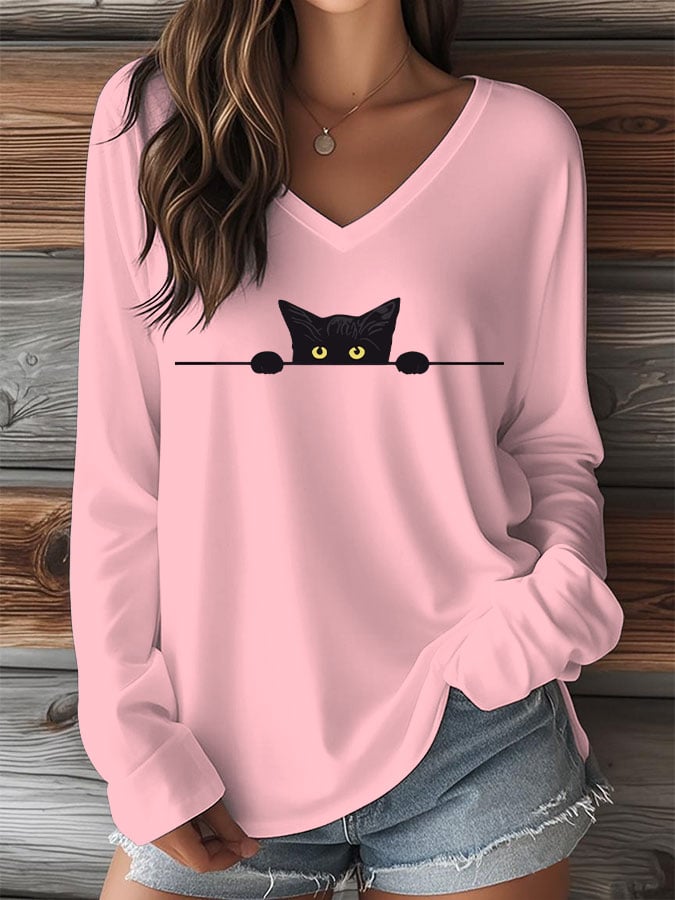 Women's Cat Print V-Neck Long Sleeve T-Shirt