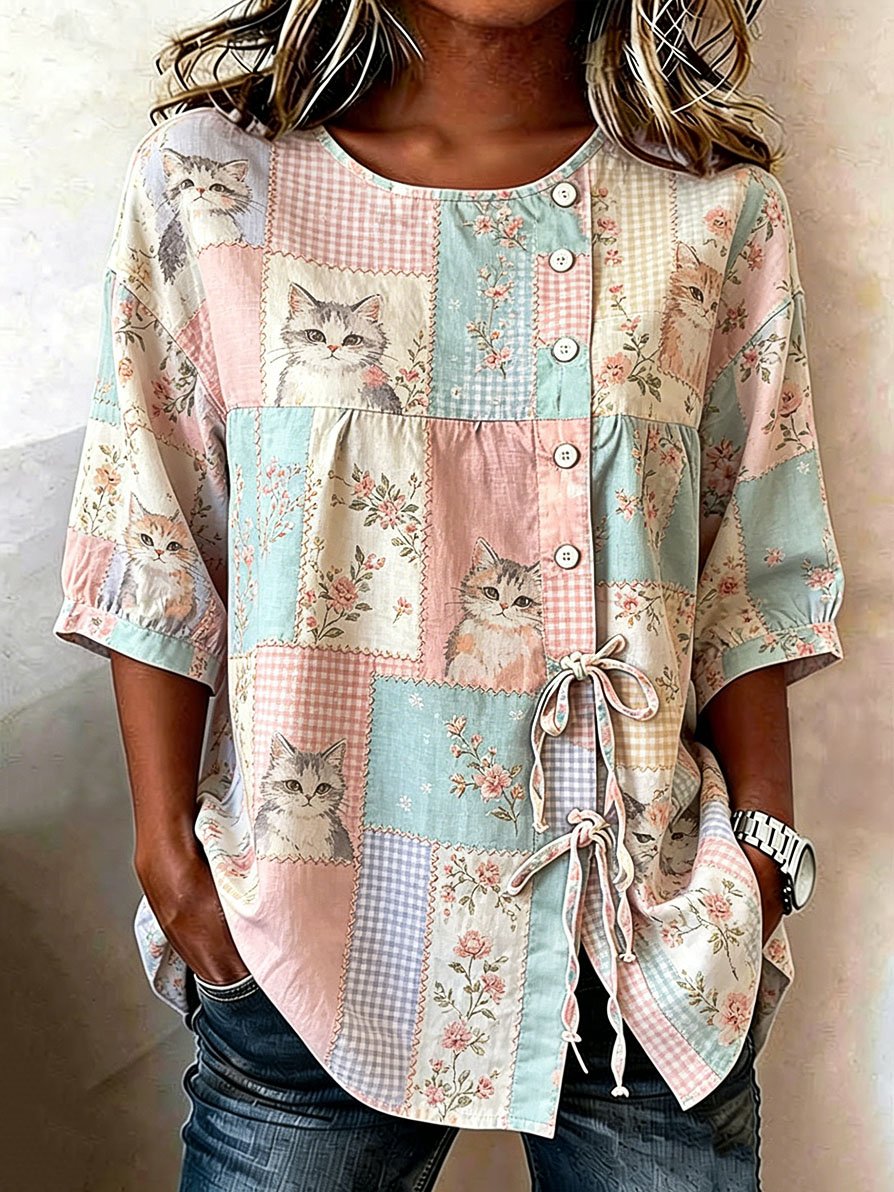 Women's Denim Cat Portrait Patchwork Art Print Casual Top