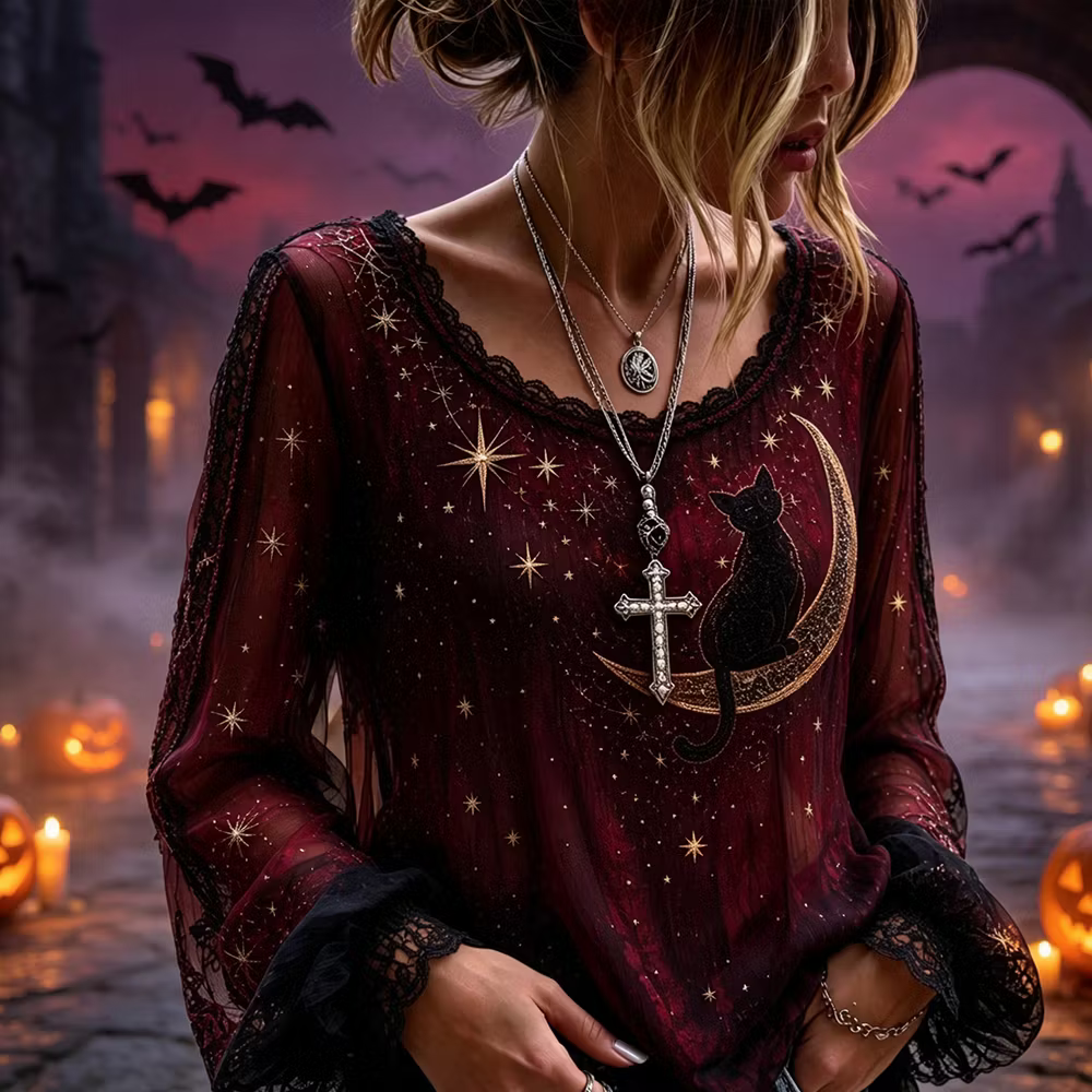 Women's Wine Red Sheer Mesh Long Sleeve V-neck Blouse With Moon And Cat Print