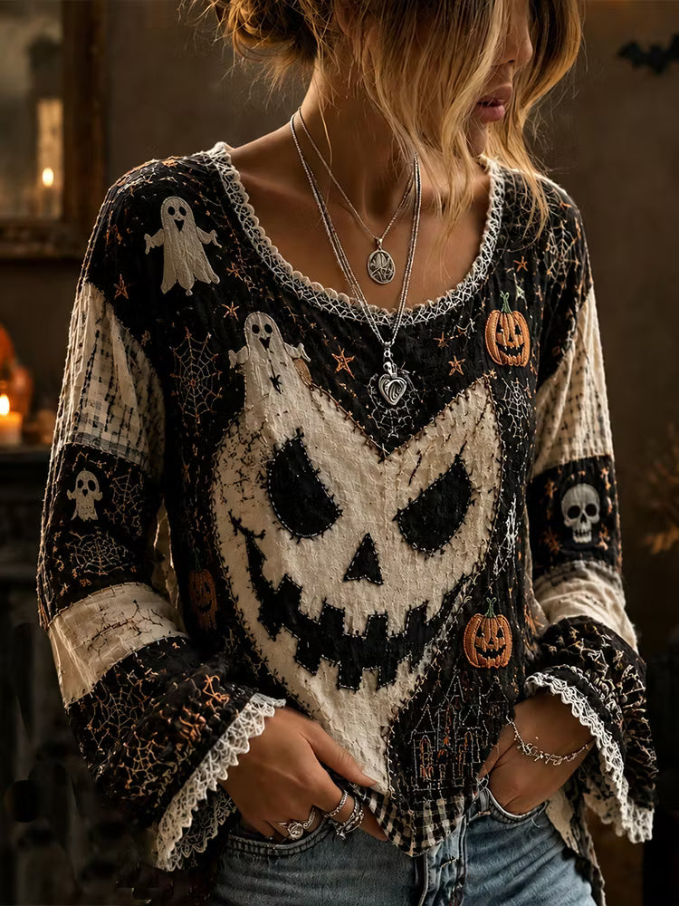 Women's Vintage Ghost Face Art Embroidery Patchwork Cotton Linen Casual Crew Neck Long Sleeve Top
