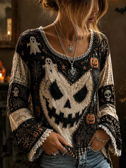 Women's Vintage Ghost Face Art Embroidery Patchwork Cotton Linen Casual Crew Neck Long Sleeve Top