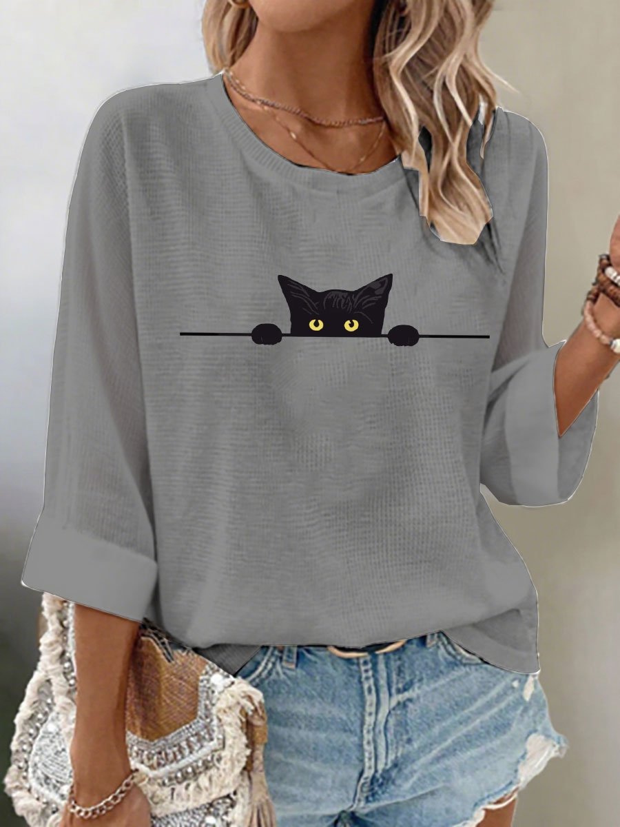 Women's Cat Print Waffle Long Sleeve T-Shirt