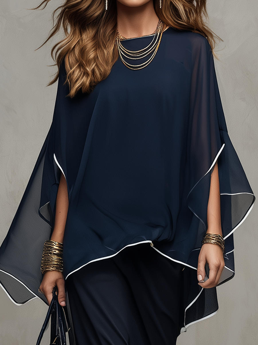 Elegant Navy Sheer Contrast-Trim Batwing Sleeve & Midi Dress Co-ord Set