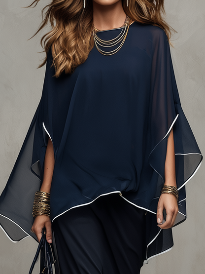 Elegant Navy Sheer Contrast-Trim Batwing Sleeve & Midi Dress Co-ord Set
