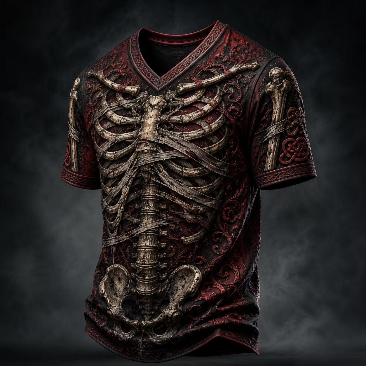 Men's Halloween Gothic Skull Bandage Print Casual V Neck T-shirt