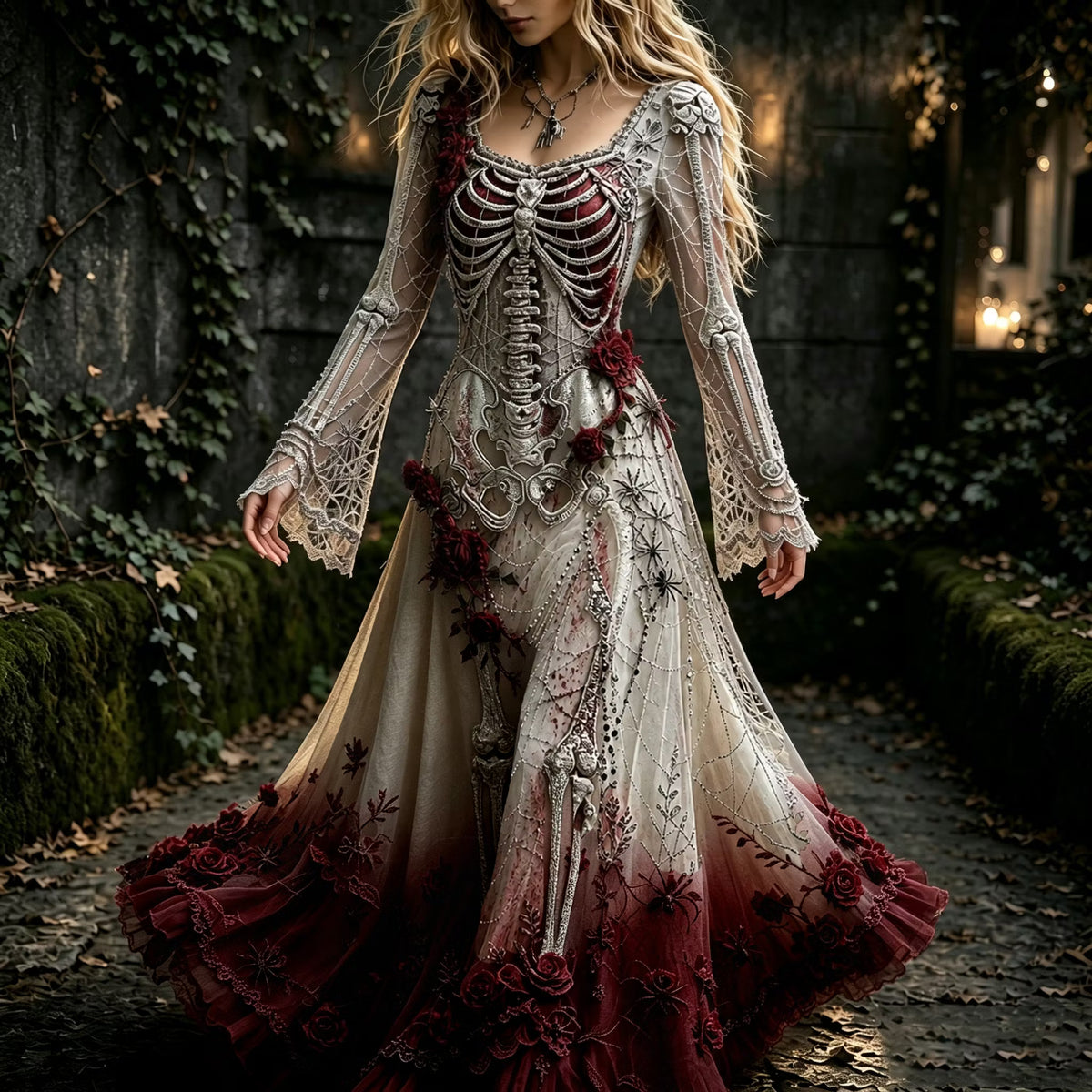 Women's Halloween Gothic Skeleton & Floral Long-sleeve Maxi Dress