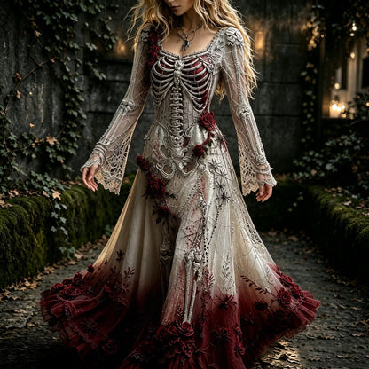 Women's Halloween Gothic Skeleton & Floral Long-sleeve Maxi Dress