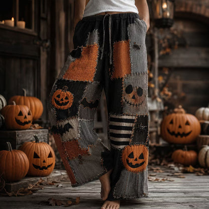 Women's Halloween Retro Pumpkin Bat Color Block Cotton Linen Pants