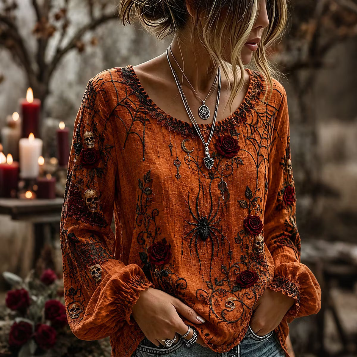 Women's Skull Rose Spiderweb Design Round Neck Cotton Linen Long Sleeve T-shirt