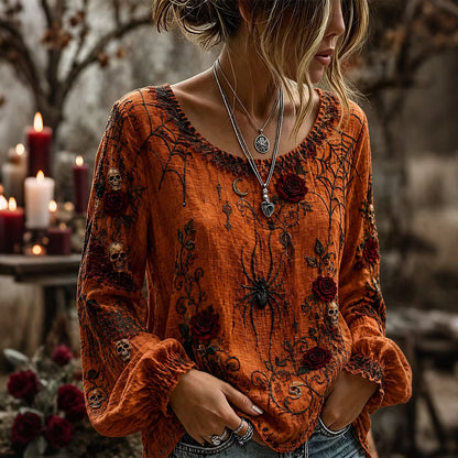 Women's Skull Rose Spiderweb Design Round Neck Cotton Linen Long Sleeve T-shirt