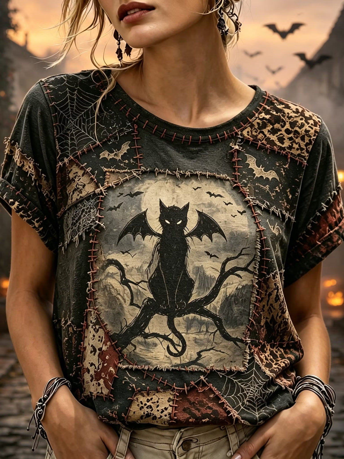 Women's Retro Halloween Cat Patchwork Print T-shirt